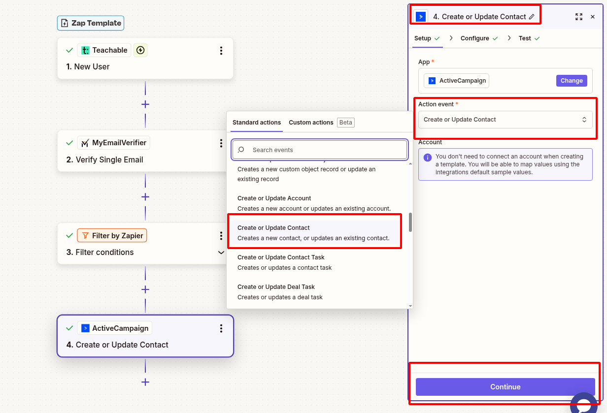 ActiveCampaign action configuration