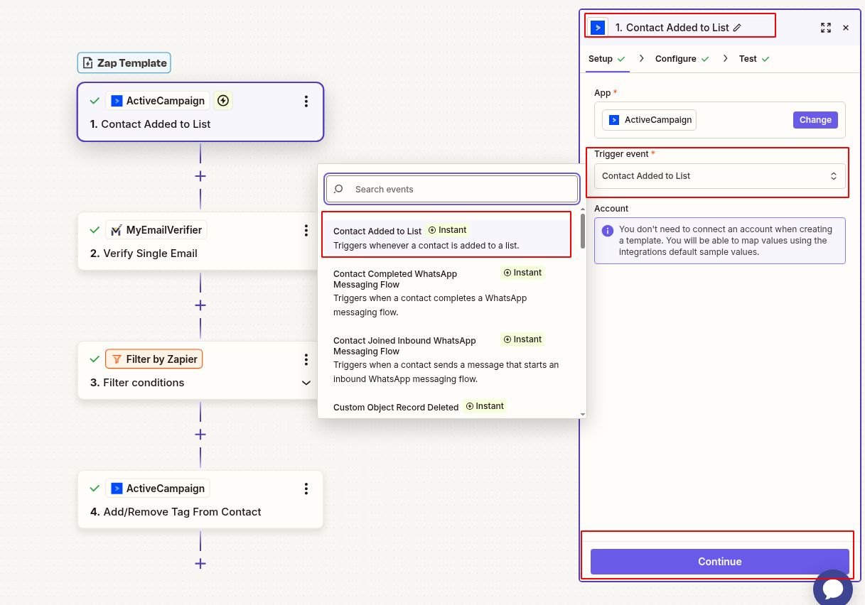 Connect ActiveCampaign new contact trigger in Zapier setup