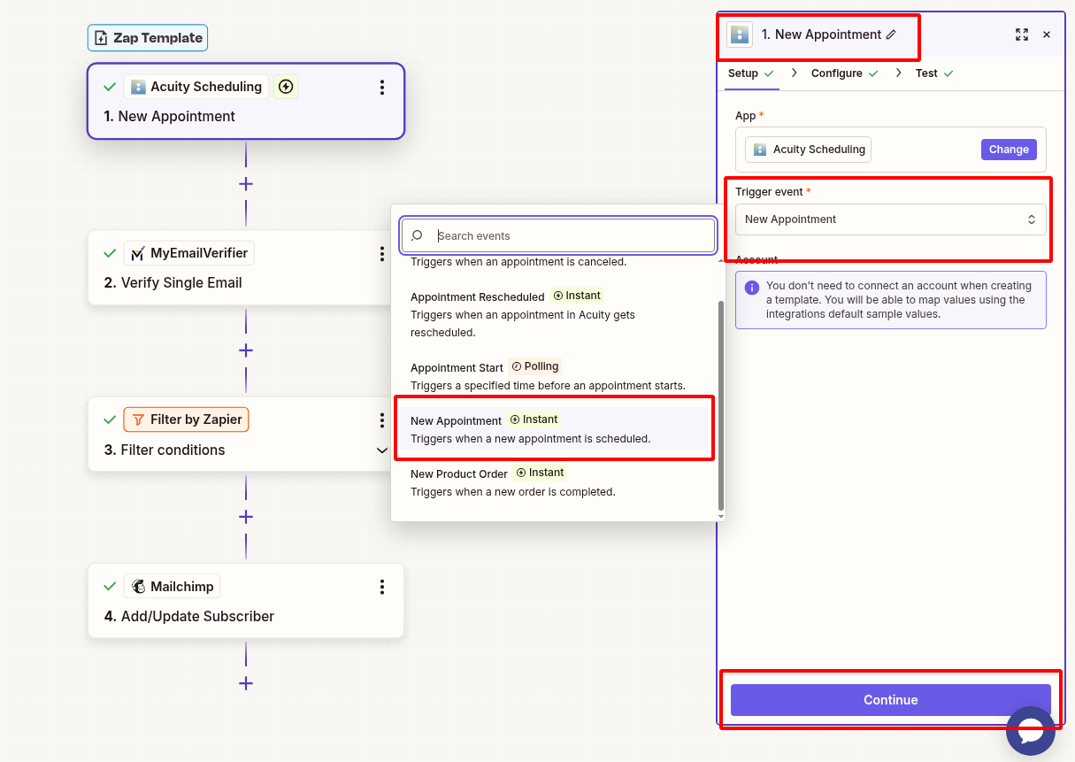 Connect Acuity Scheduling new appointment trigger in Zapier