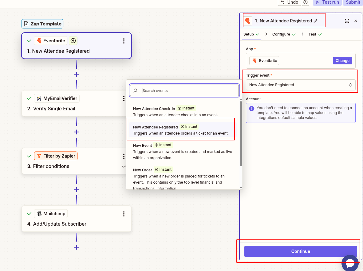Add Eventbrite with new attendee registered event trigger in Zapier