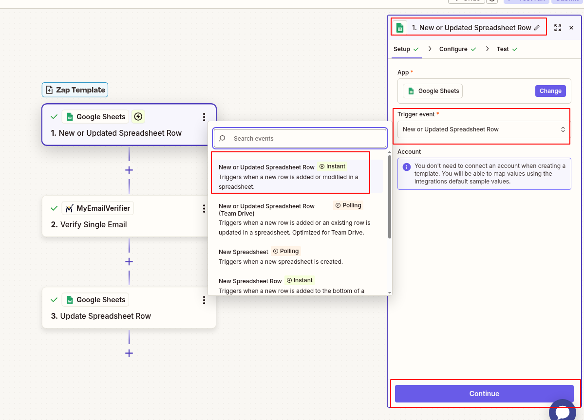 Add Google Sheets with New or Update Spreadsheet Row event trigger in Zapier