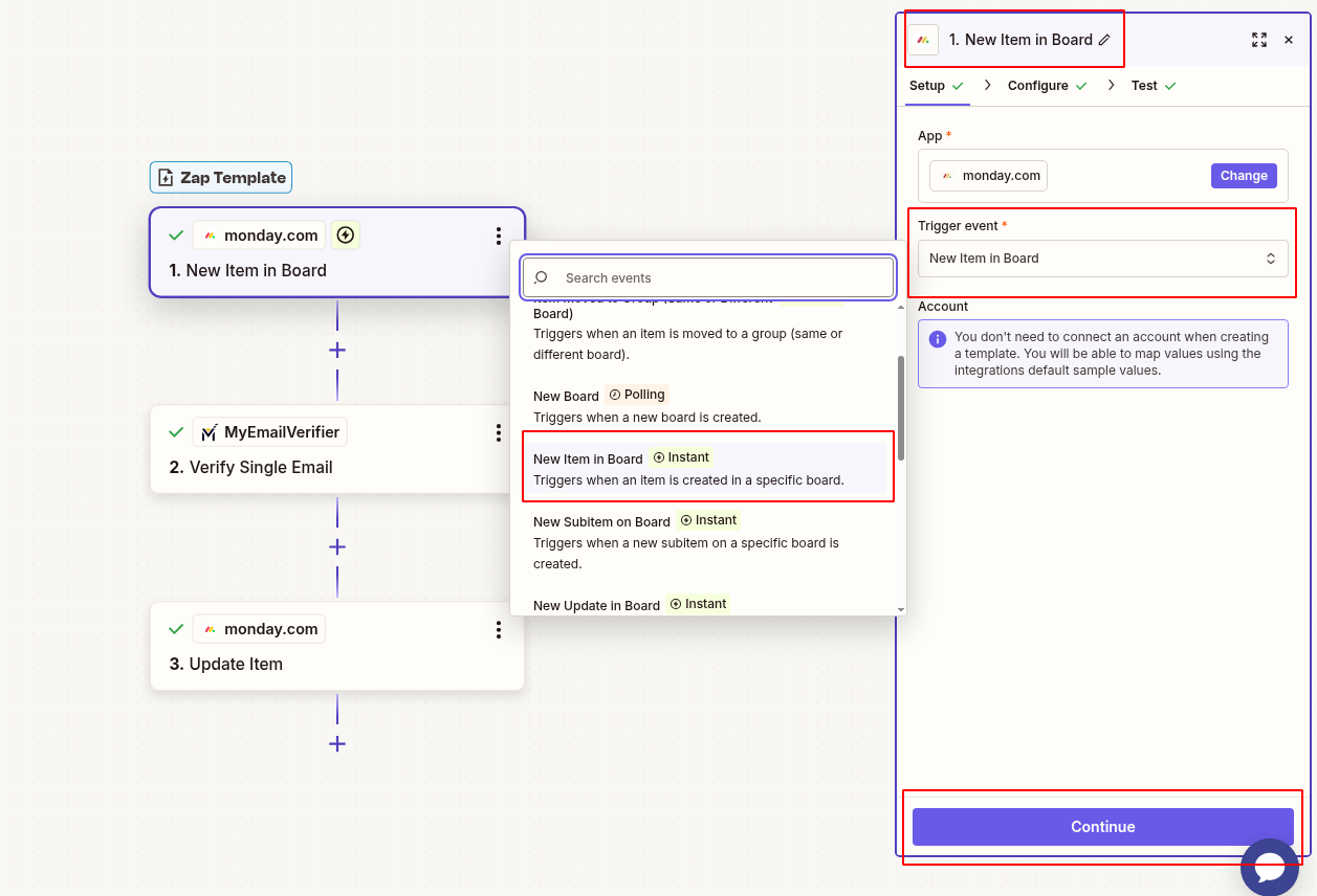 Connect Monday.com new item trigger in Zapier