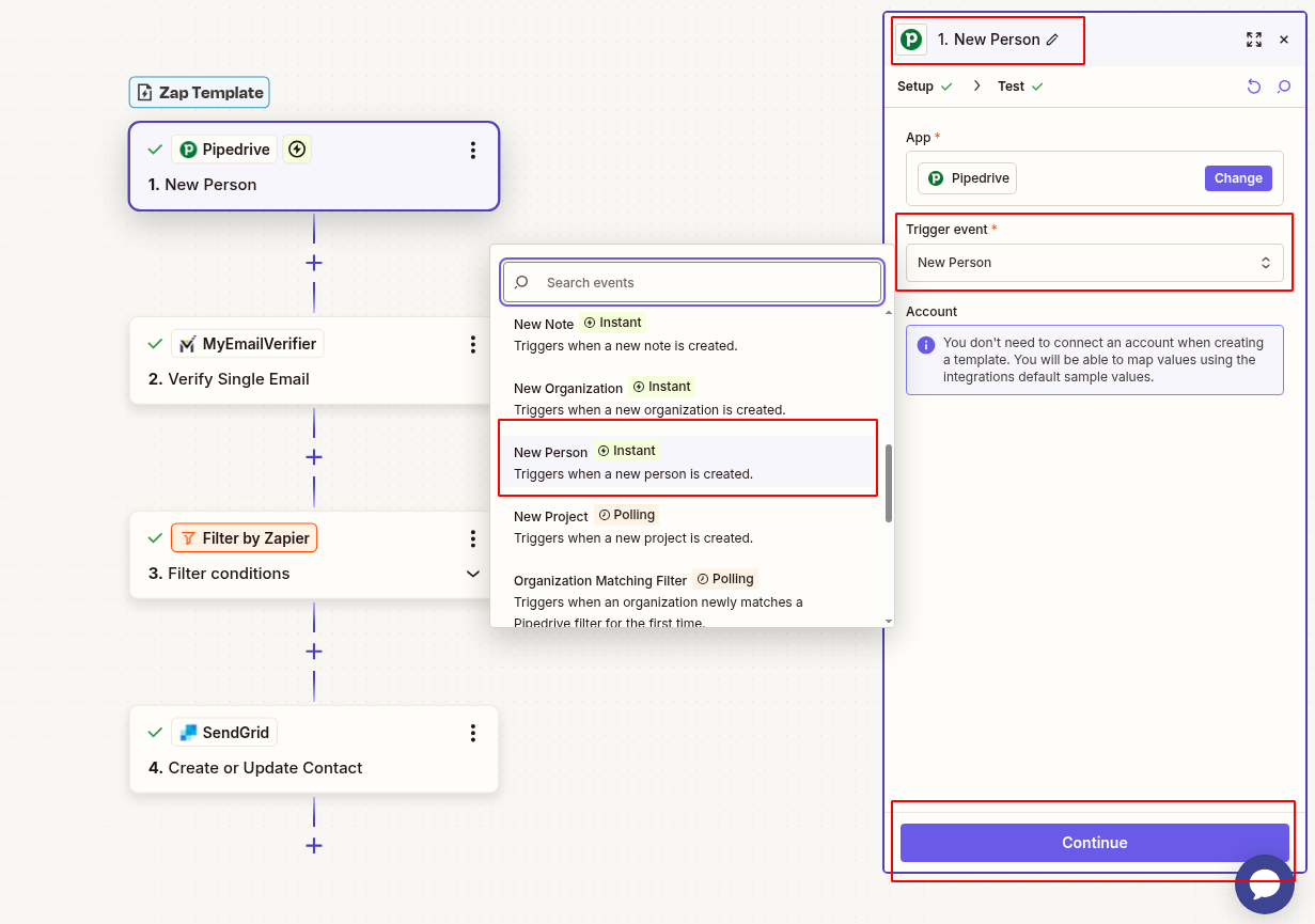 Connect Pipedrive new person trigger in Zapier setup