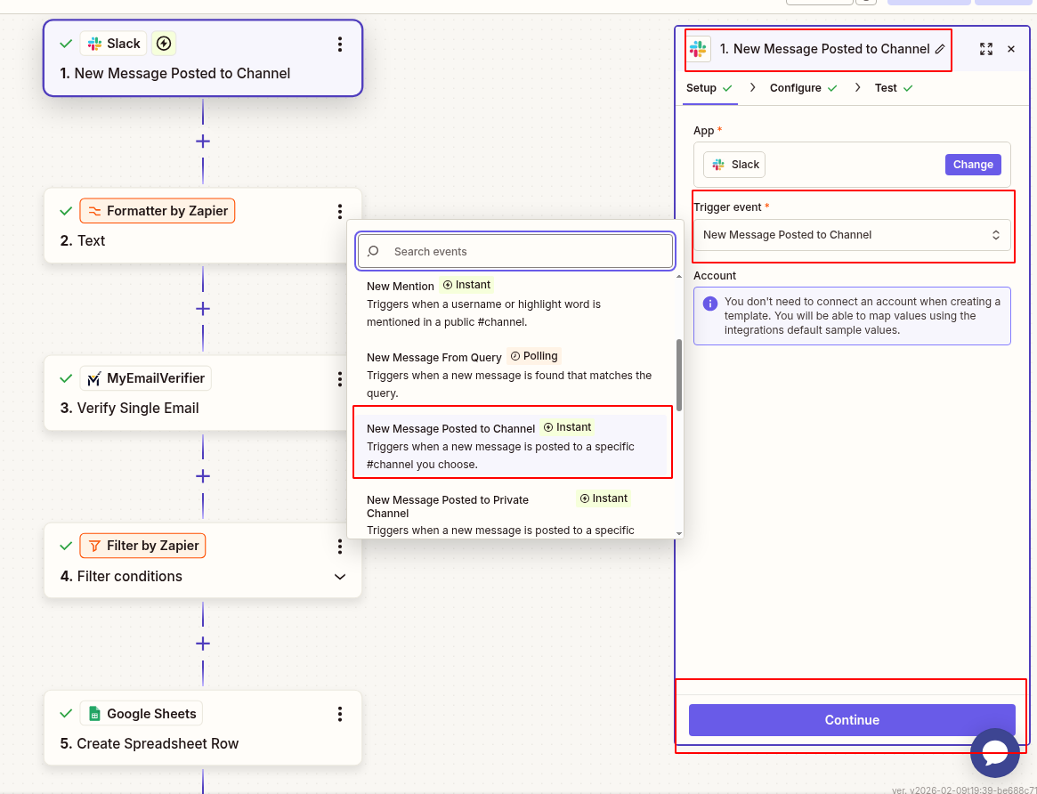 Add Slack and select new message posted to channel event in Zapier