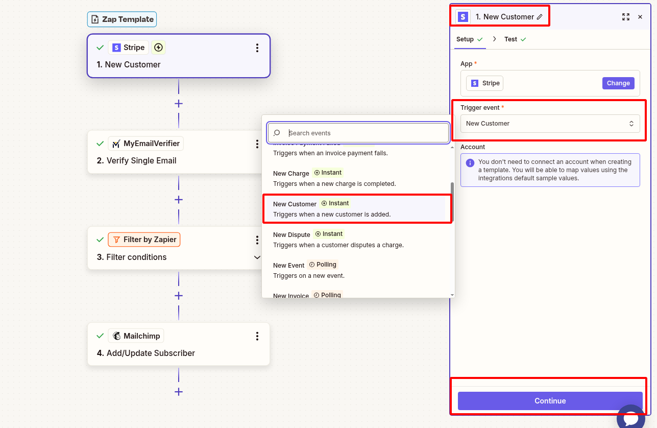 Connect Stripe new customer trigger in Zapier