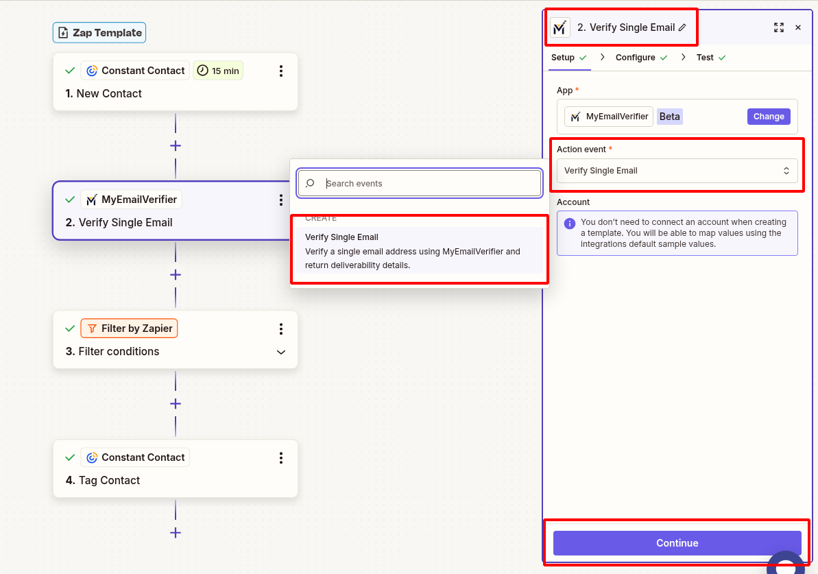 MyEmailVerifier action setup