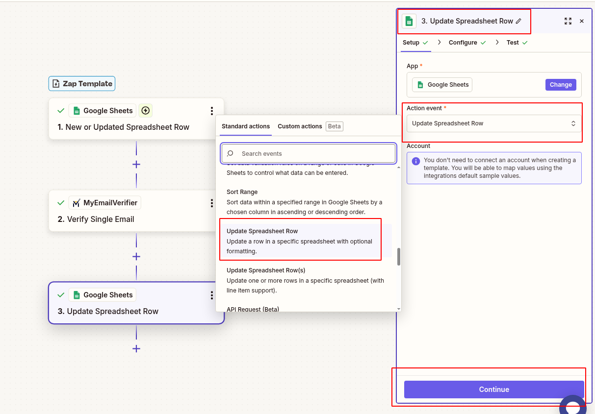 Add Google Sheets to update Spreadsheet row event with email verification results