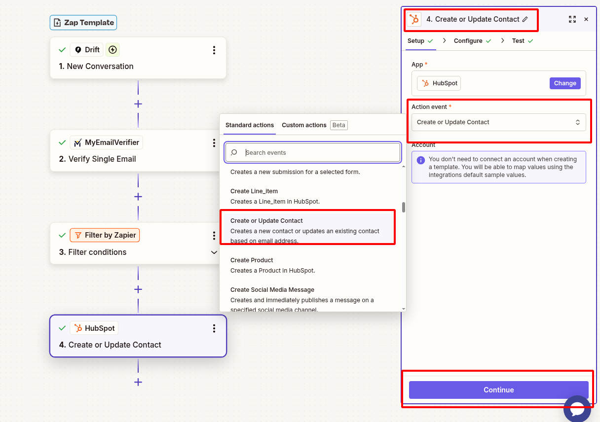 HubSpot action configuration