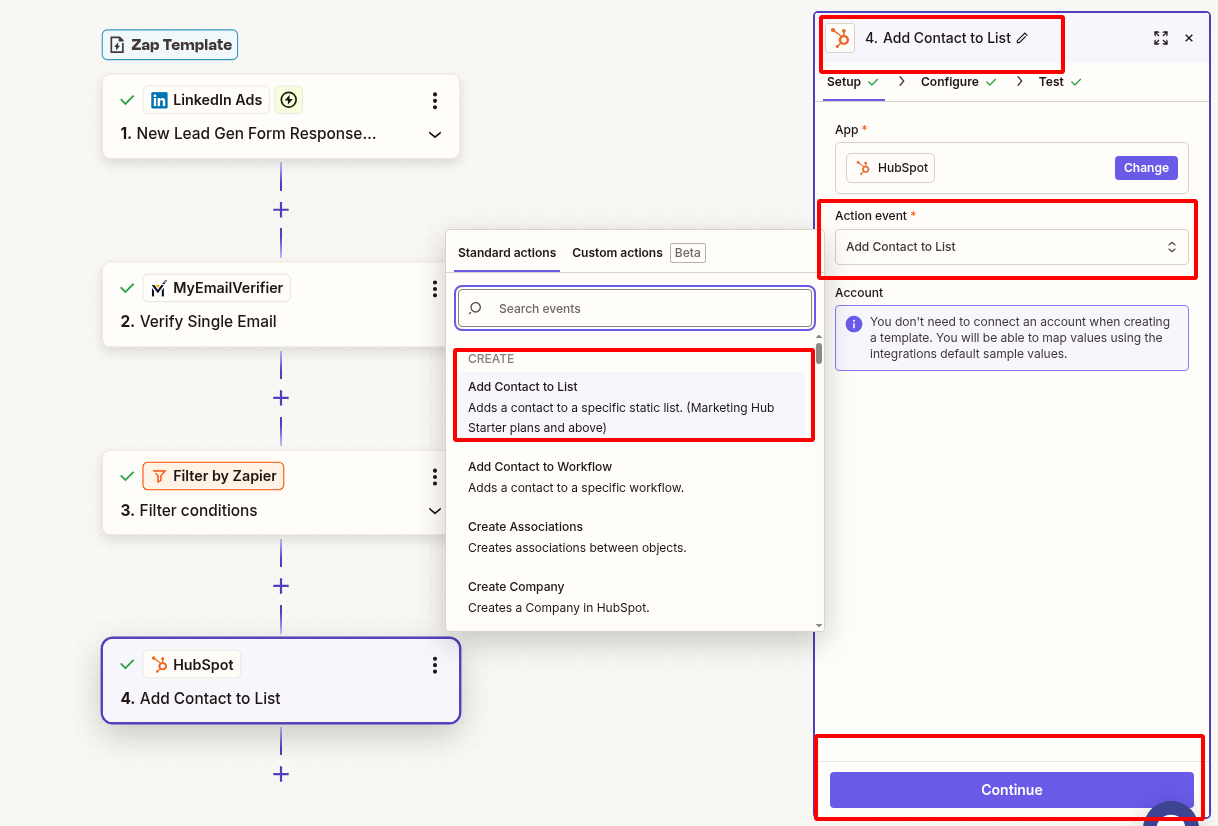 HubSpot action configuration