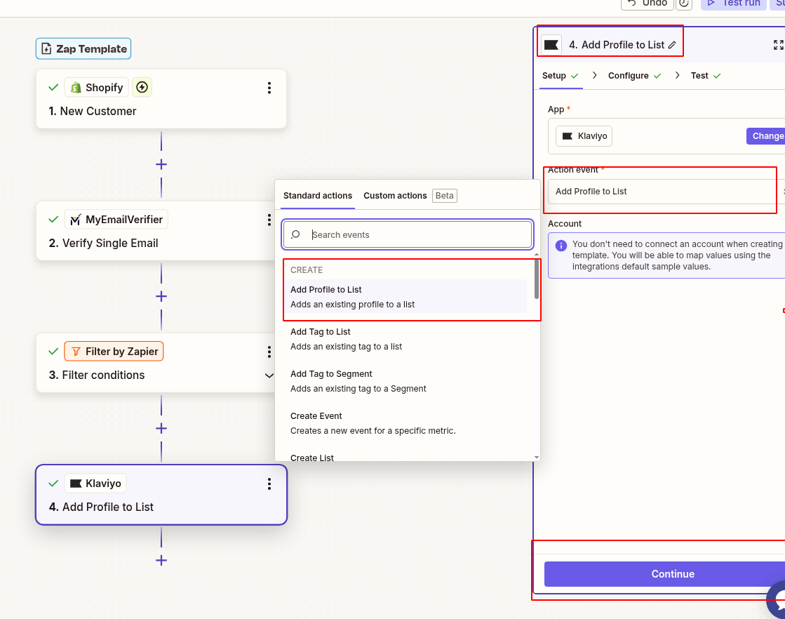 Add Klaviyo action to add profile to list for verified Shopify customer emails