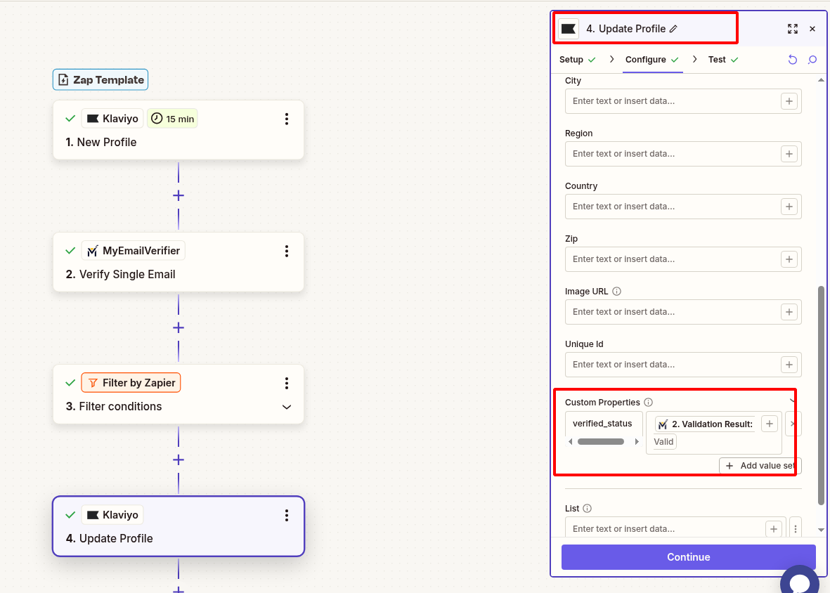 Update Profile action setup