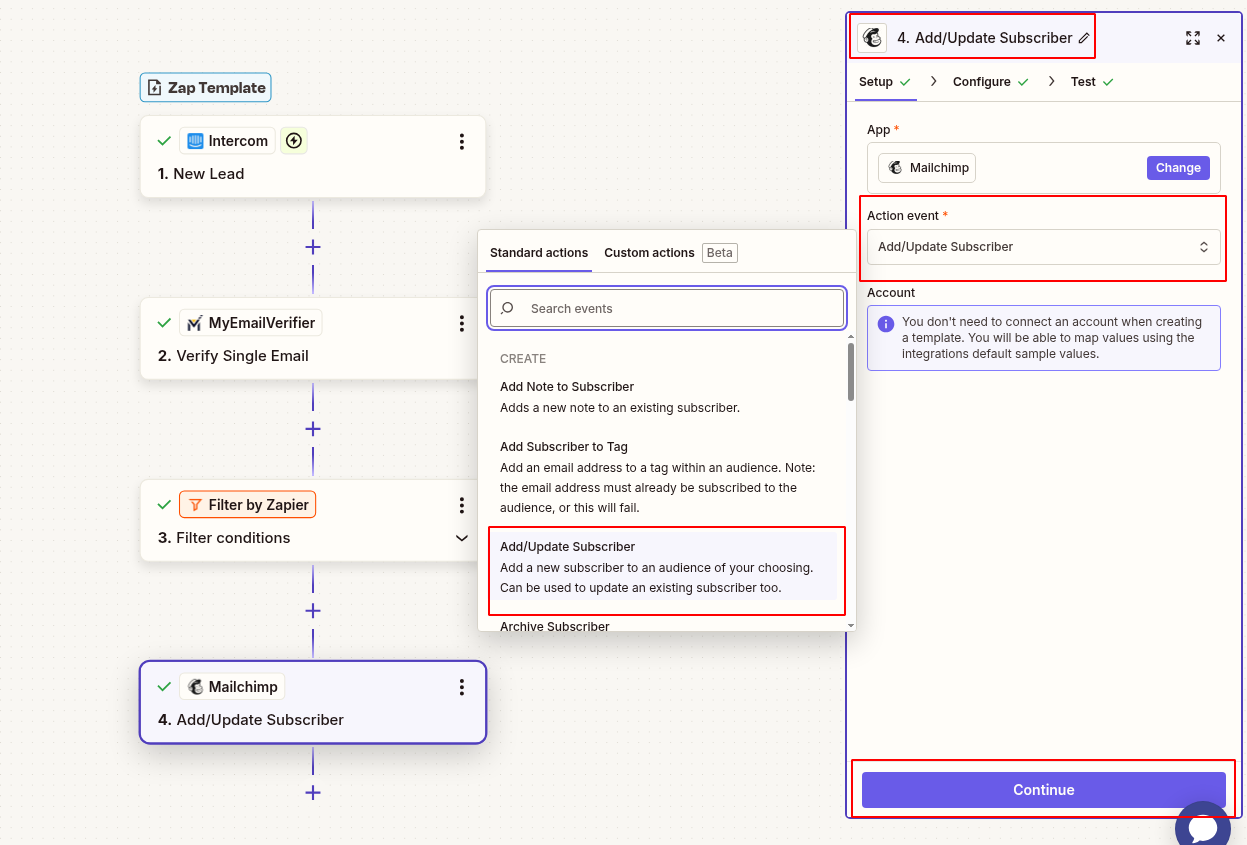 Mailchimp add verified subscriber from Intercom