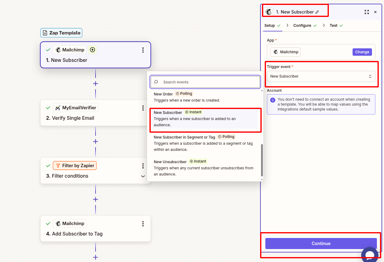 Mailchimp New Subscriber trigger setup in Zapier
