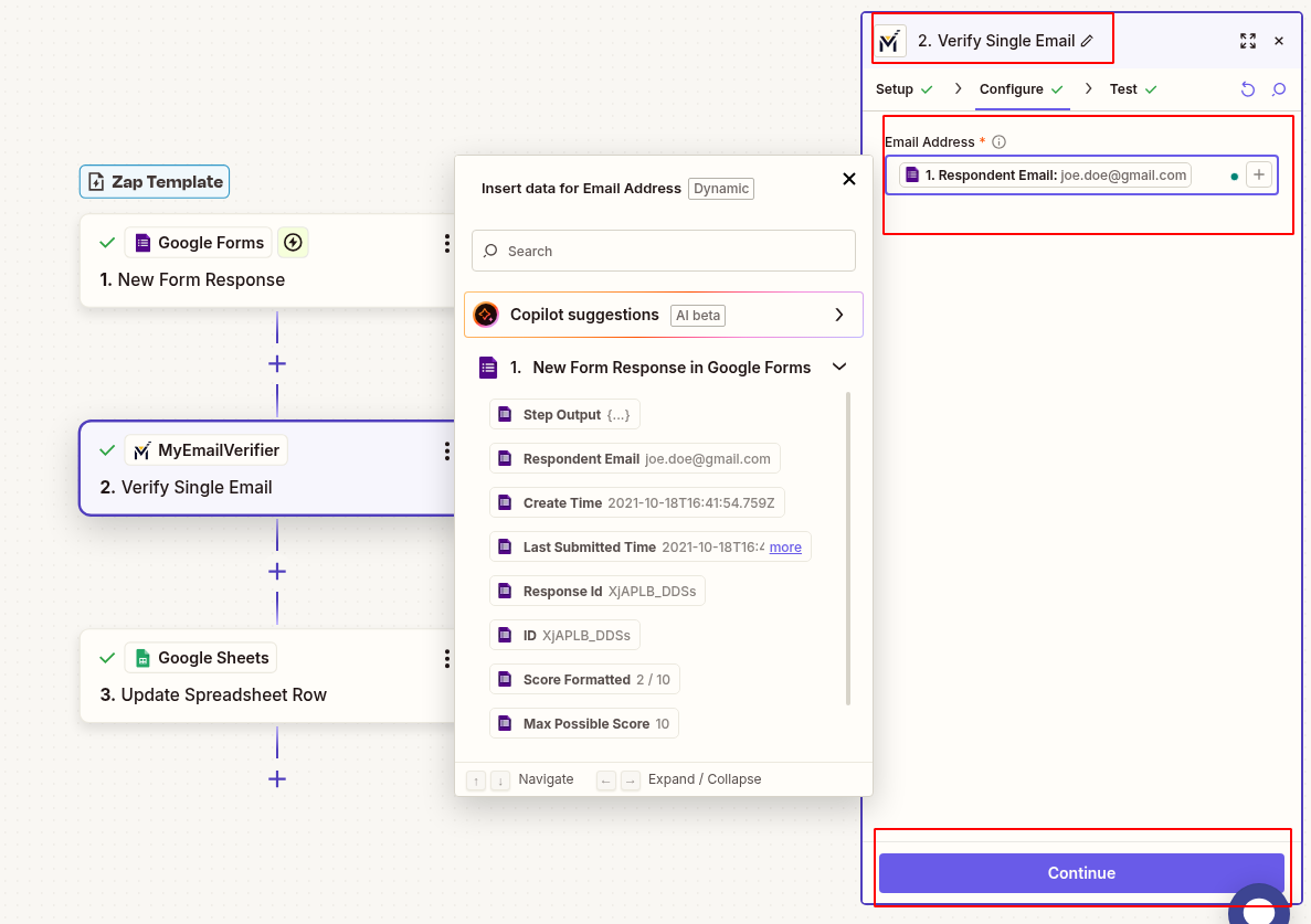Add MyEmailVerifier action and map form output to Email Address column