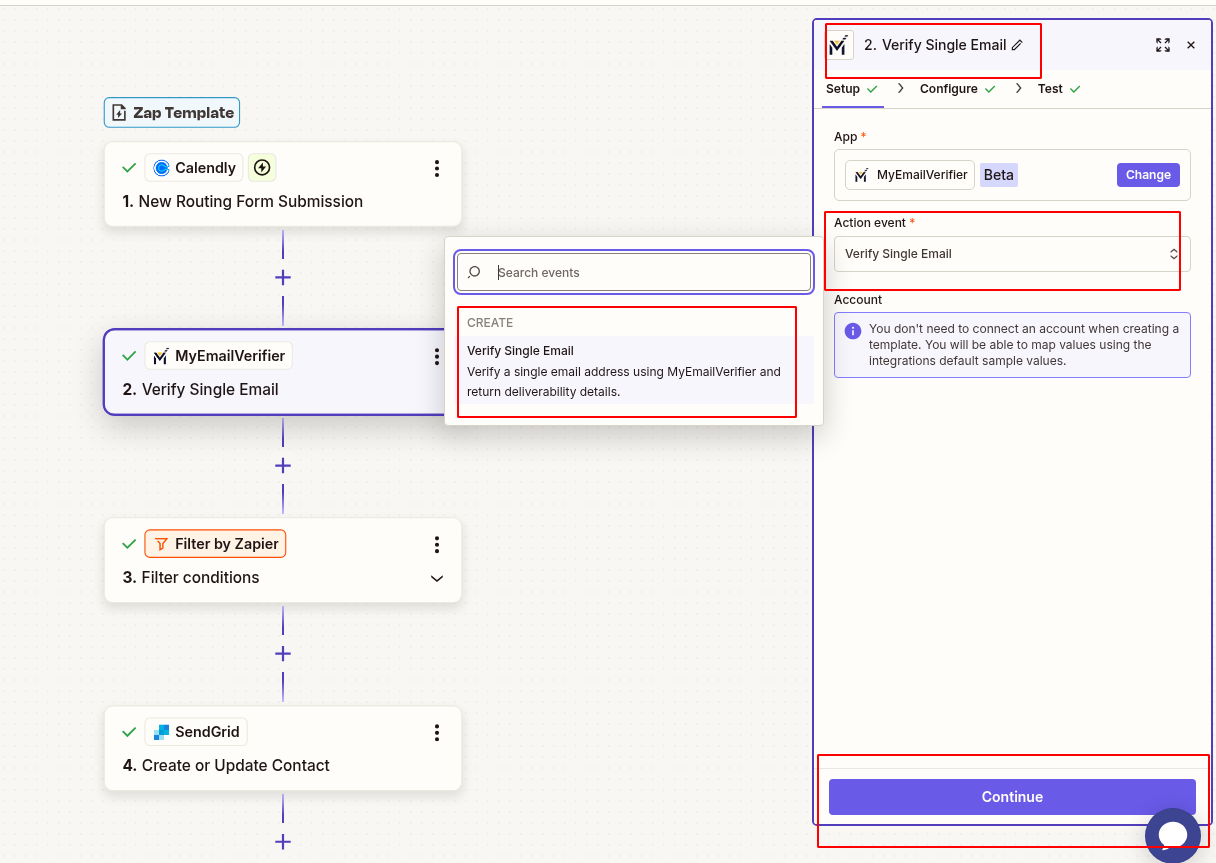 Add MyEmailVerifier with verify single email event and email address field value selection from Calendly