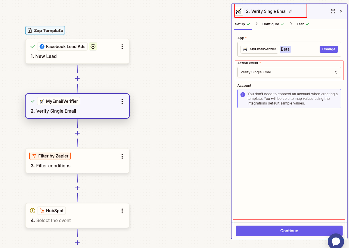 Add MyEmailVerifier for verify single email event and select email address field from Facebook Lead Ads
