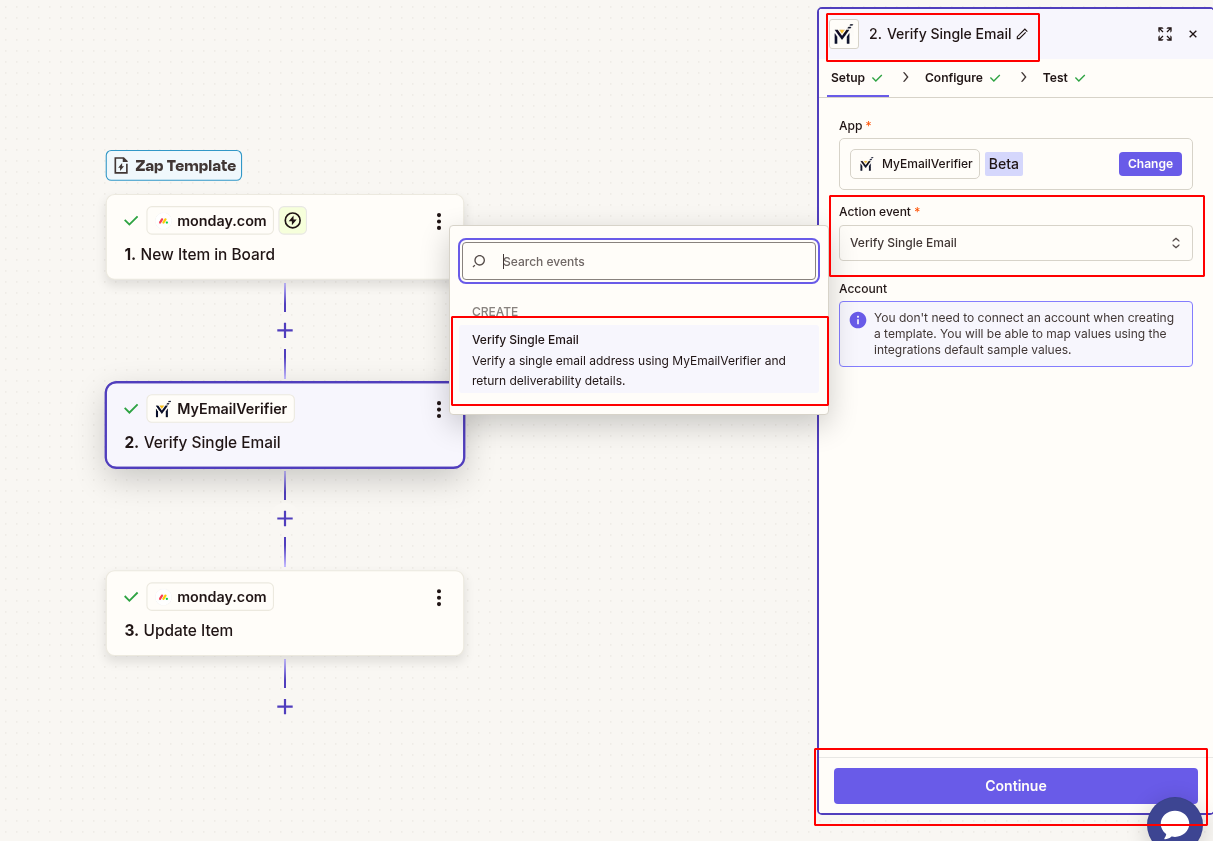 MyEmailVerifier verify Monday.com email in Zapier