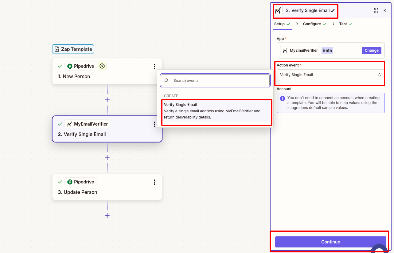 MyEmailVerifier verify Pipedrive person email in Zapier