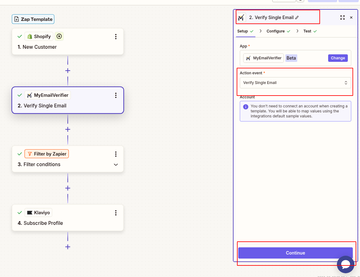 Add MyEmailVerifier action and set email address field for Shopify customer verification