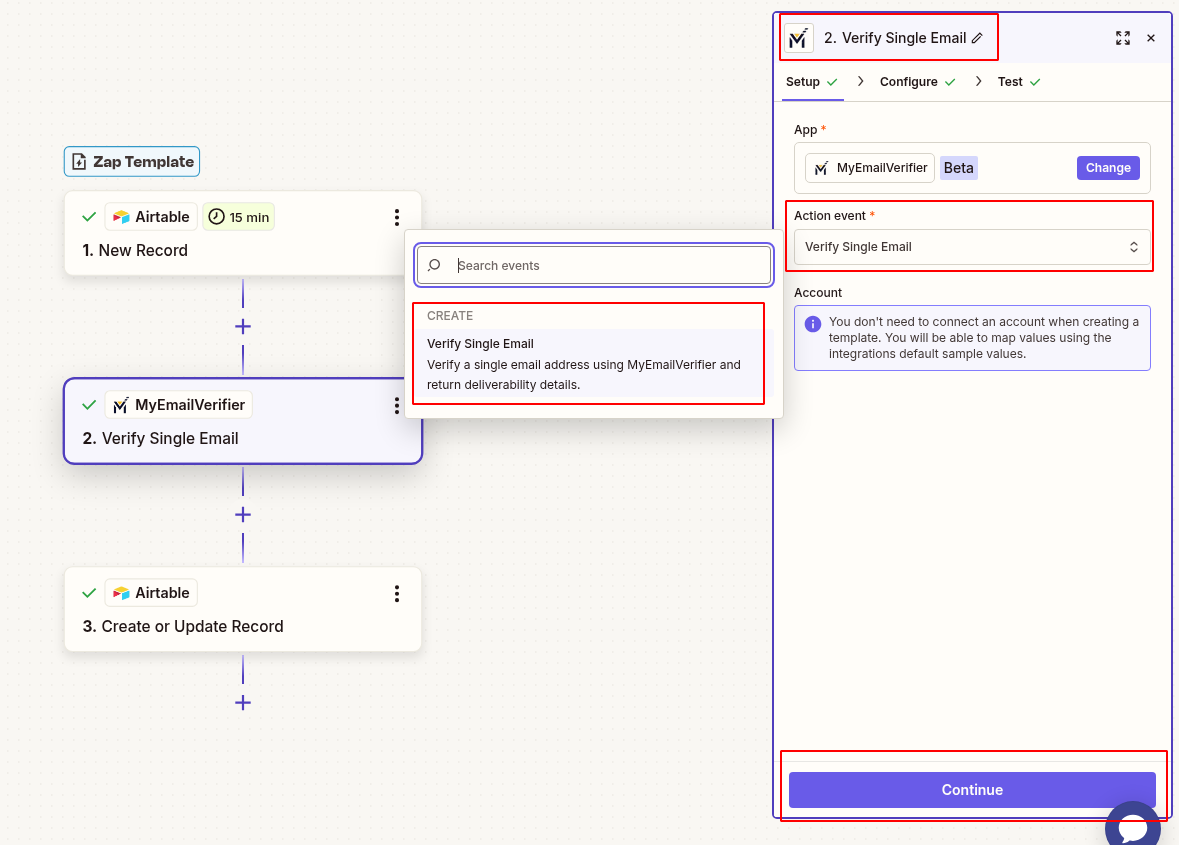 MyEmailVerifier verify single email action with Airtable email field mapping