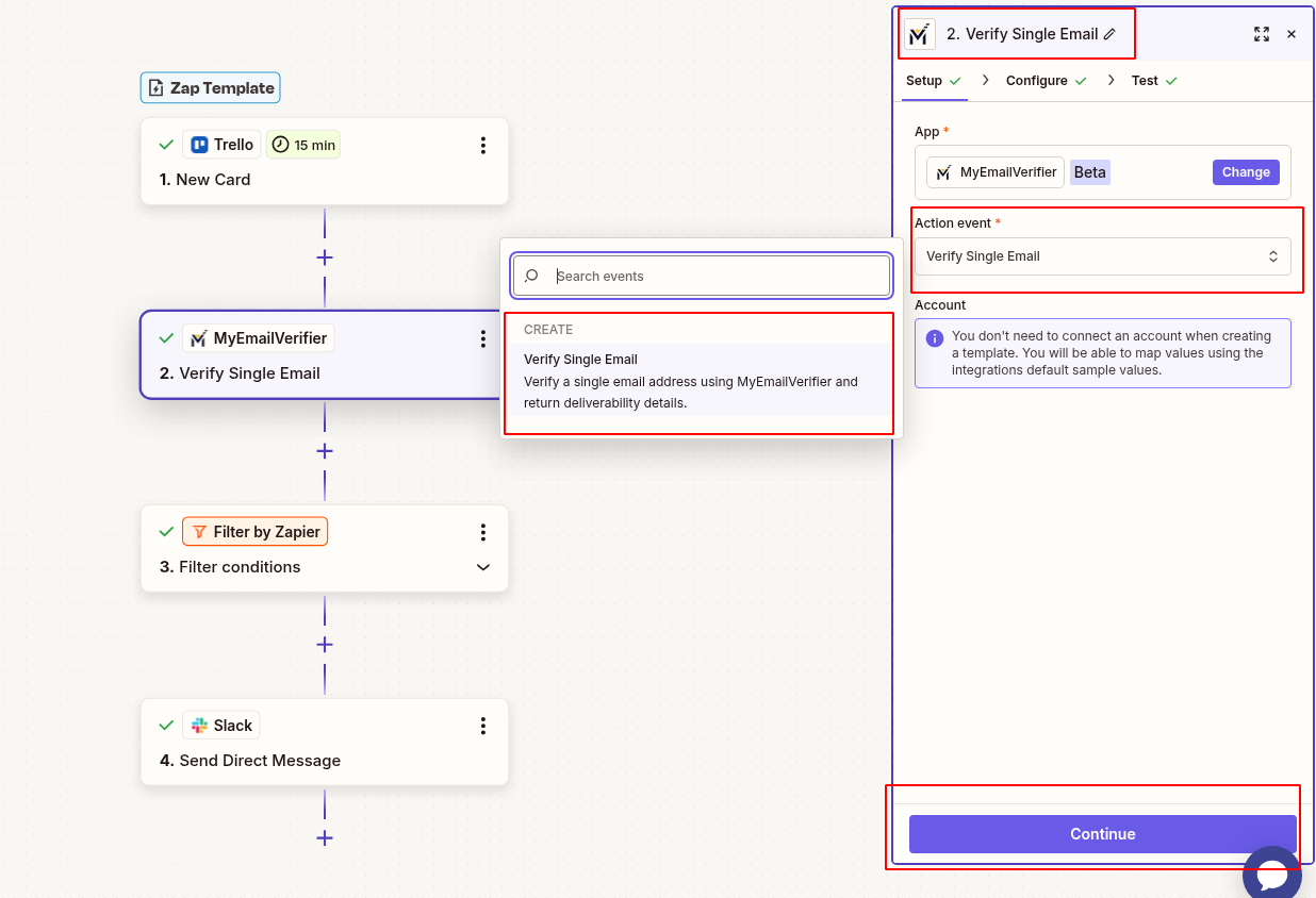 MyEmailVerifier verify Trello email in Zapier