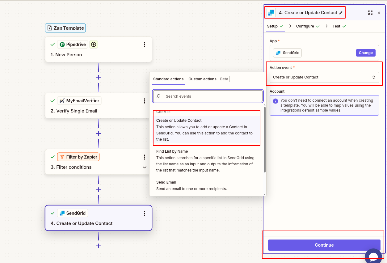 SendGrid create or update contact with verified Pipedrive email