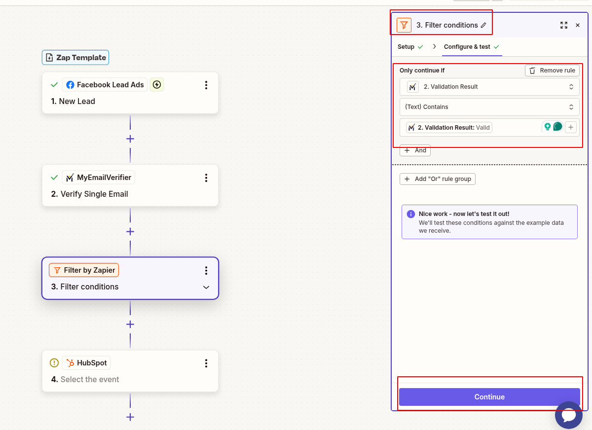 Add Filter by Zapier to extract only valid email addresses from Facebook Lead Ads