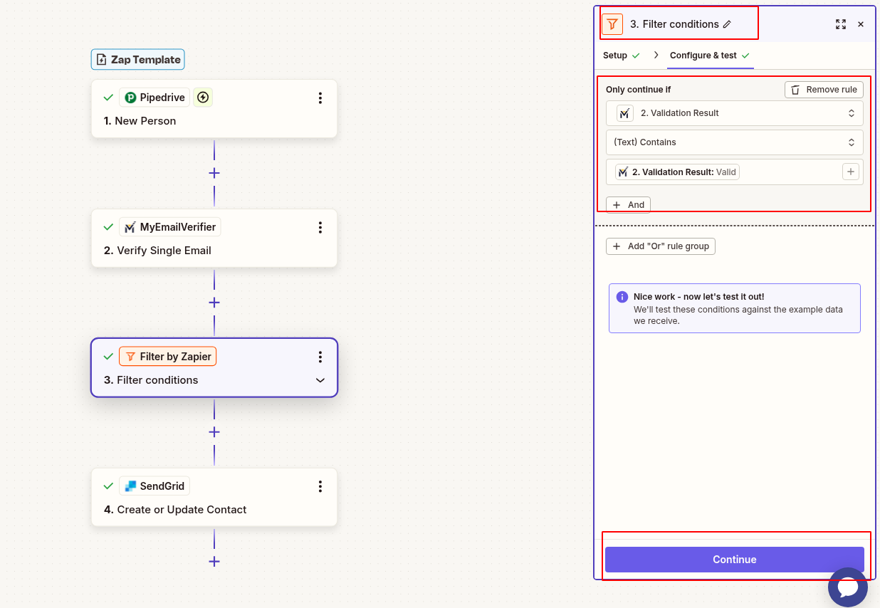 Zapier filter to allow only valid emails from Pipedrive