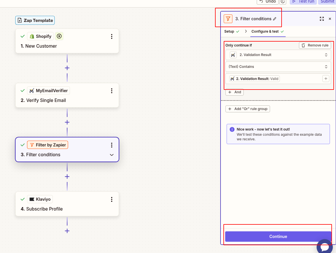Add Filter by Zapier to extract only valid emails from Shopify customers