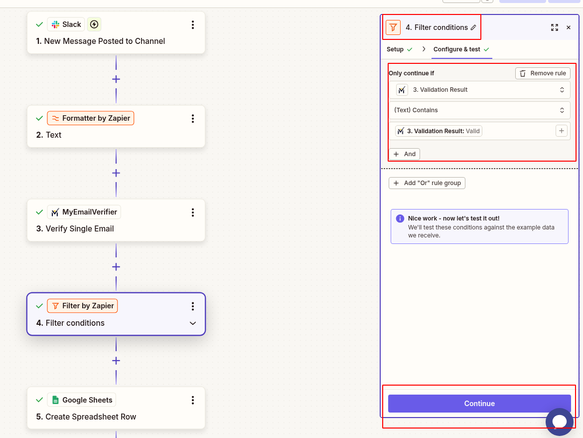 Add Filter by Zapier to extract only valid emails from Slack