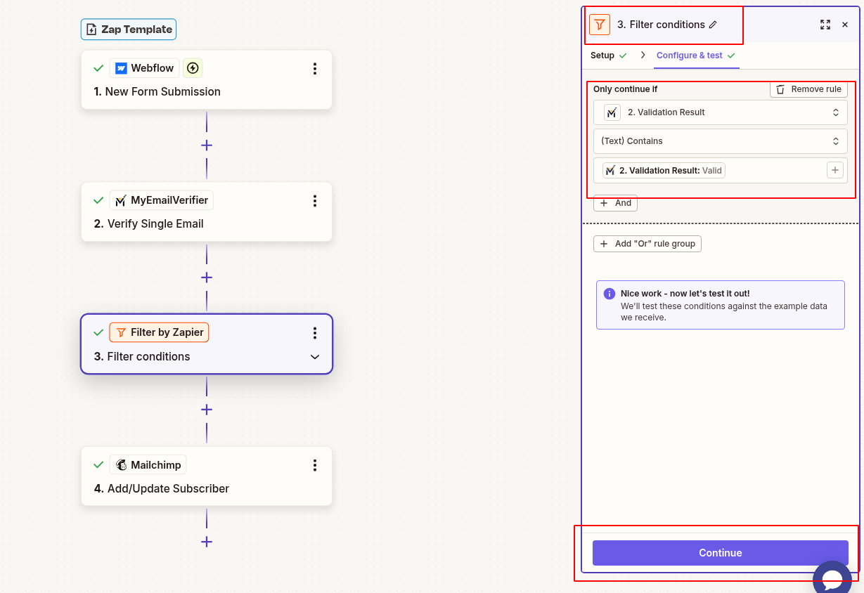 Zapier filter valid emails only for Webflow