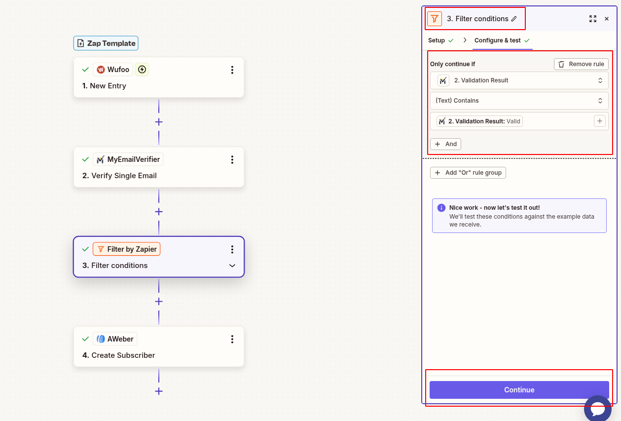 Zapier filter to allow only valid emails from Wufoo